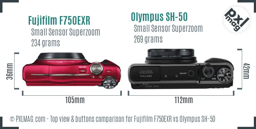 Fujifilm F750EXR vs Olympus SH-50 top view buttons comparison