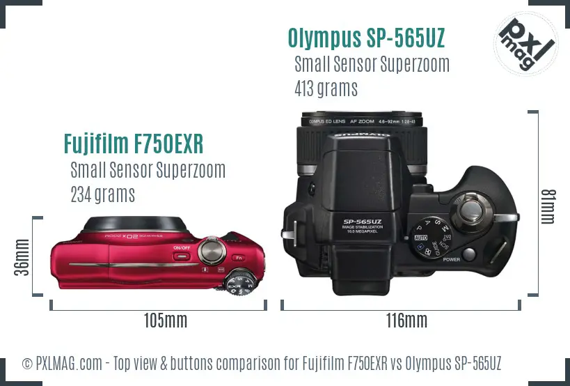 Fujifilm F750EXR vs Olympus SP-565UZ top view buttons comparison Fujifilm F750EXR vs Olympus SP-565UZ top view buttons comparison