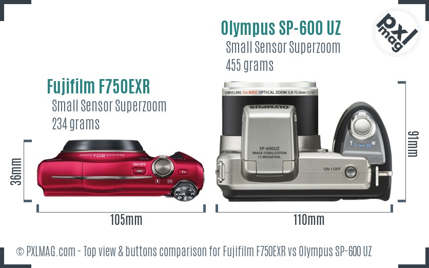 Fujifilm F750EXR vs Olympus SP-600 UZ top view buttons comparison