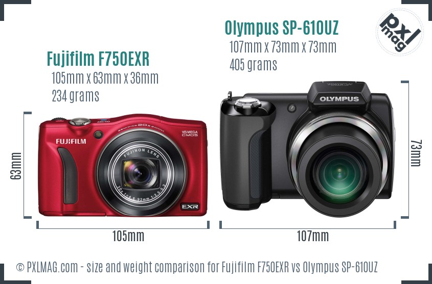 Fujifilm F750EXR vs Olympus SP-610UZ size comparison