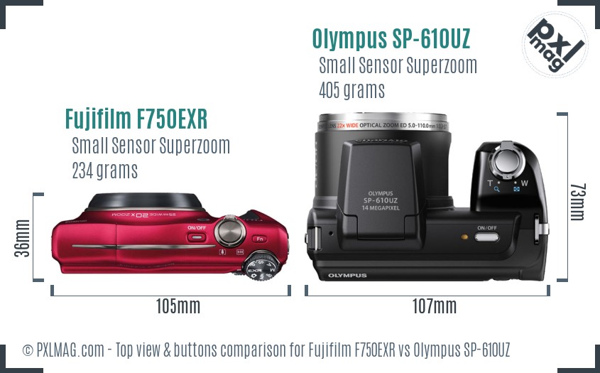 Fujifilm F750EXR vs Olympus SP-610UZ top view buttons comparison