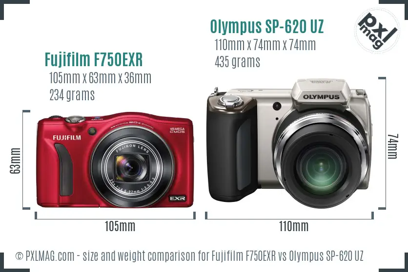 Fujifilm F750EXR vs Olympus SP-620 UZ size comparison