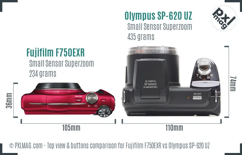 Fujifilm F750EXR vs Olympus SP-620 UZ top view buttons comparison