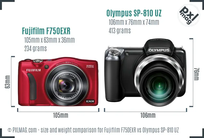 Fujifilm F750EXR vs Olympus SP-810 UZ size comparison Fujifilm F750EXR vs Olympus SP-810 UZ size comparison