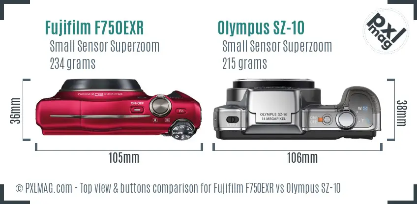 Fujifilm F750EXR vs Olympus SZ-10 top view buttons comparison