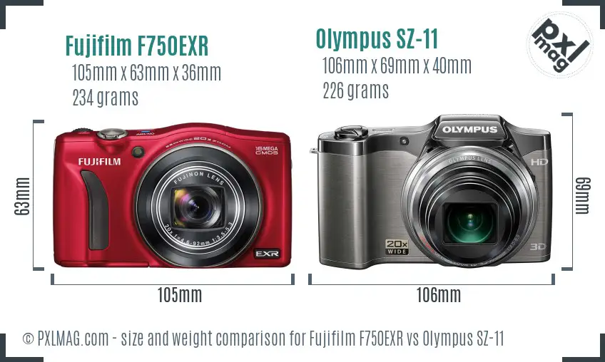 Fujifilm F750EXR vs Olympus SZ-11 size comparison