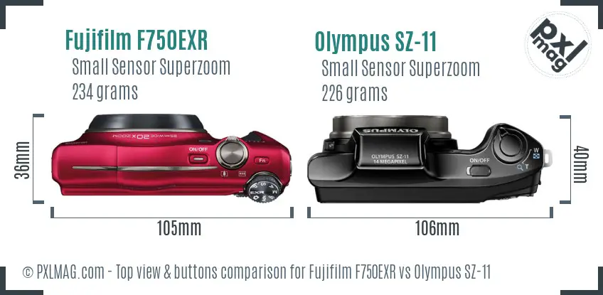 Fujifilm F750EXR vs Olympus SZ-11 top view buttons comparison