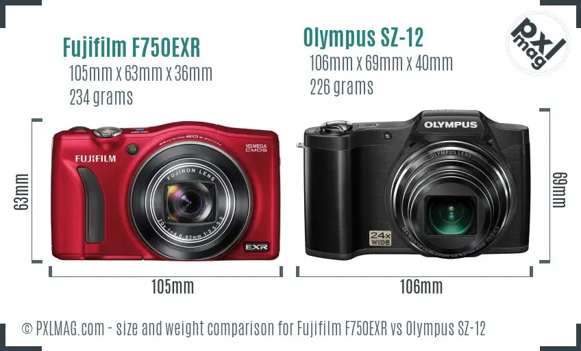 Fujifilm F750EXR vs Olympus SZ-12 size comparison