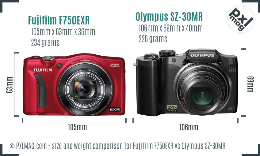 Fujifilm F750EXR vs Olympus SZ-30MR size comparison