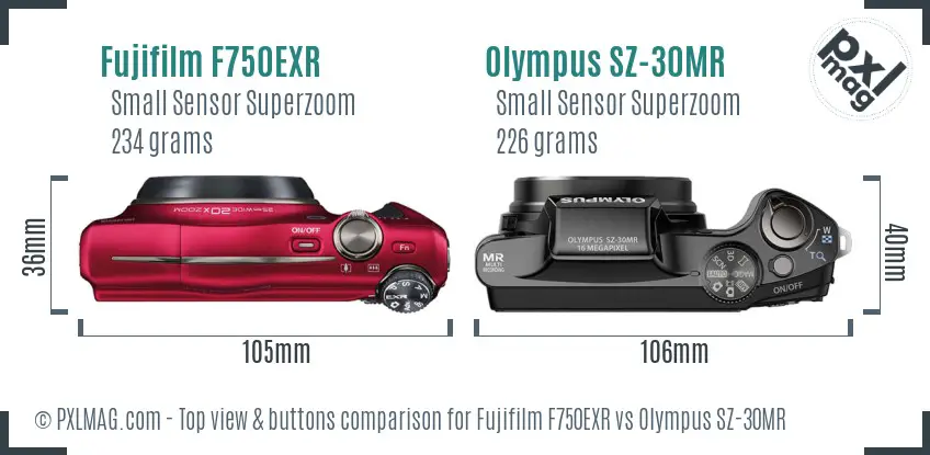 Fujifilm F750EXR vs Olympus SZ-30MR top view buttons comparison