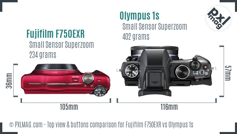 Fujifilm F750EXR vs Olympus 1s top view buttons comparison