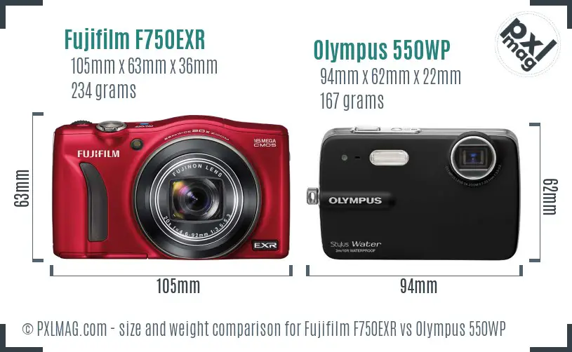 Fujifilm F750EXR vs Olympus 550WP size comparison