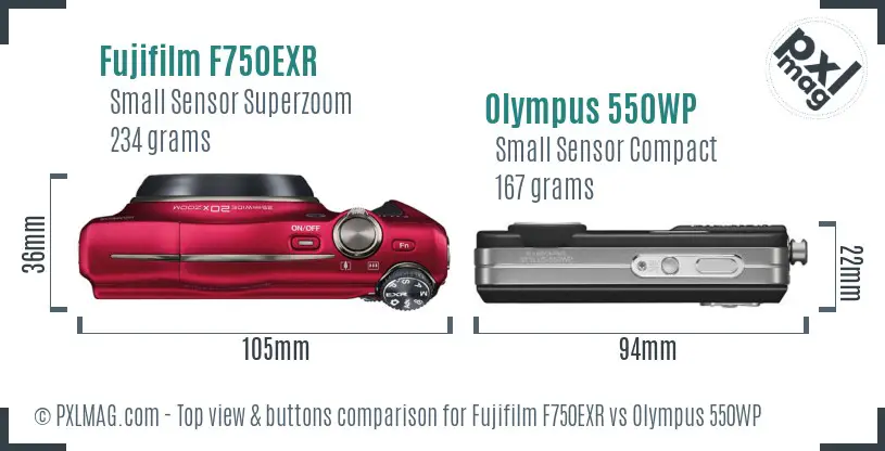 Fujifilm F750EXR vs Olympus 550WP top view buttons comparison