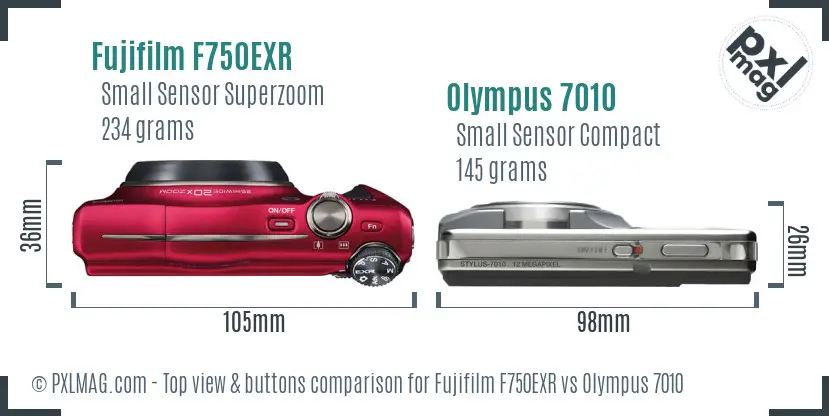 Fujifilm F750EXR vs Olympus 7010 top view buttons comparison Fujifilm F750EXR vs Olympus 7010 top view buttons comparison