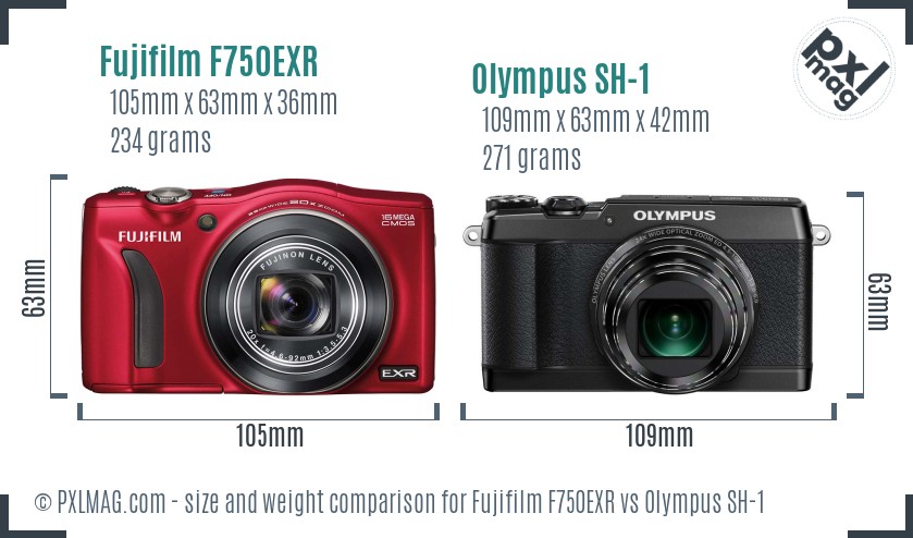 Fujifilm F750EXR vs Olympus SH-1 size comparison