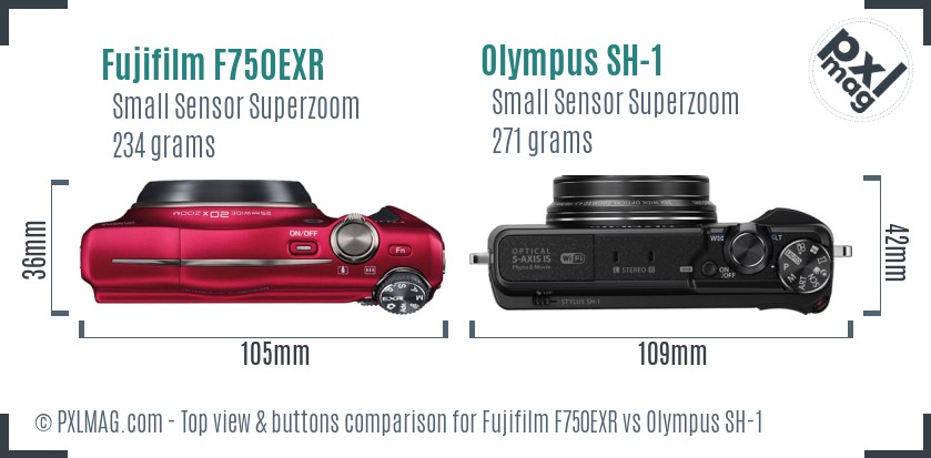 Fujifilm F750EXR vs Olympus SH-1 top view buttons comparison