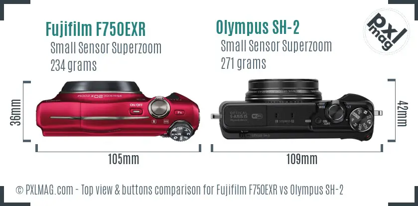 Fujifilm F750EXR vs Olympus SH-2 top view buttons comparison