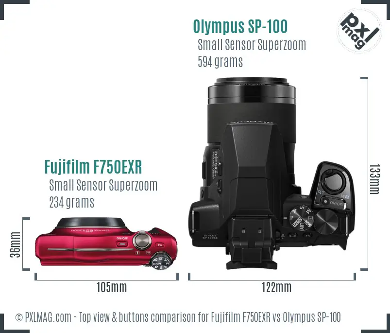 Fujifilm F750EXR vs Olympus SP-100 top view buttons comparison