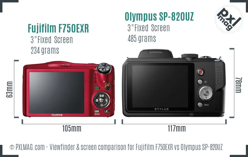Fujifilm F750EXR vs Olympus SP-820UZ Screen and Viewfinder comparison