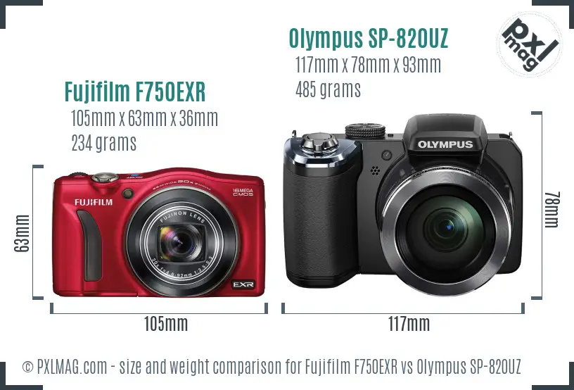 Fujifilm F750EXR vs Olympus SP-820UZ size comparison