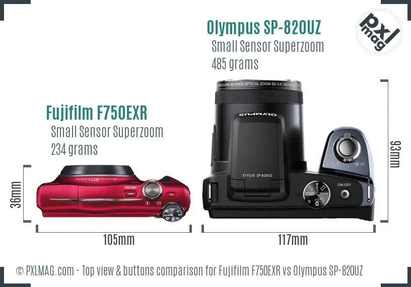 Fujifilm F750EXR vs Olympus SP-820UZ top view buttons comparison