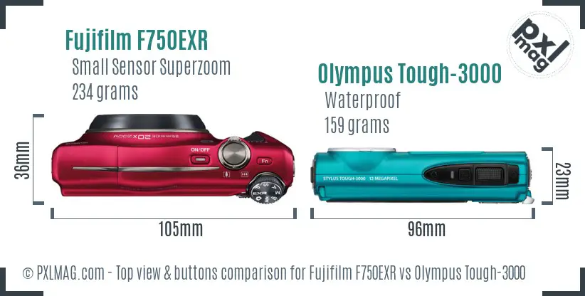 Fujifilm F750EXR vs Olympus Tough-3000 top view buttons comparison