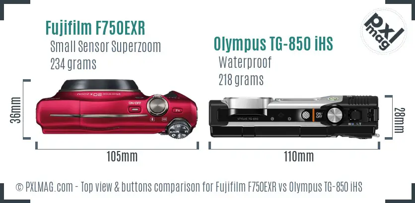 Fujifilm F750EXR vs Olympus TG-850 iHS top view buttons comparison