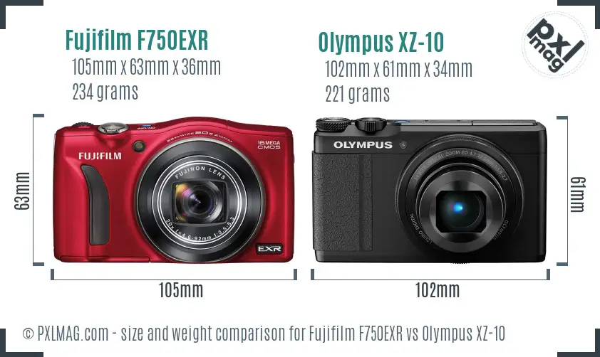 Fujifilm F750EXR vs Olympus XZ-10 size comparison