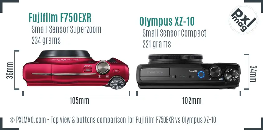 Fujifilm F750EXR vs Olympus XZ-10 top view buttons comparison