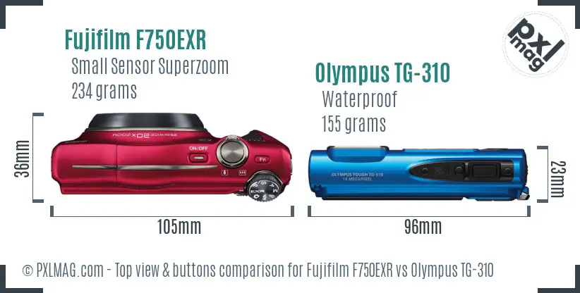 Fujifilm F750EXR vs Olympus TG-310 top view buttons comparison