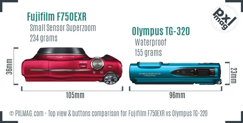Fujifilm F750EXR vs Olympus TG-320 top view buttons comparison