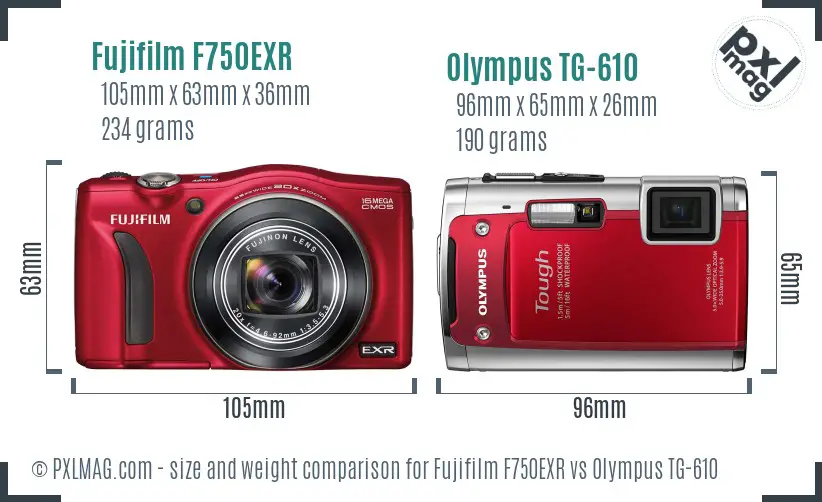 Fujifilm F750EXR vs Olympus TG-610 size comparison