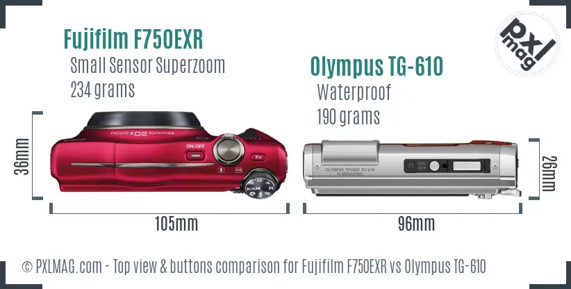 Fujifilm F750EXR vs Olympus TG-610 top view buttons comparison