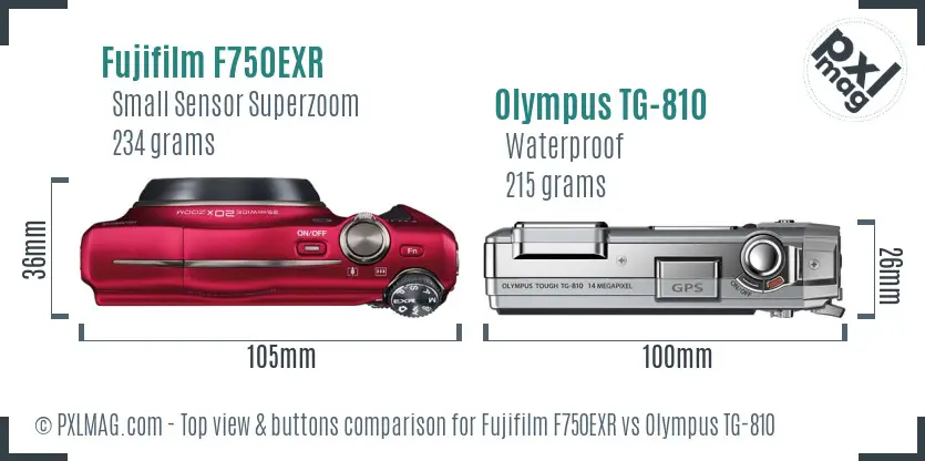 Fujifilm F750EXR vs Olympus TG-810 top view buttons comparison