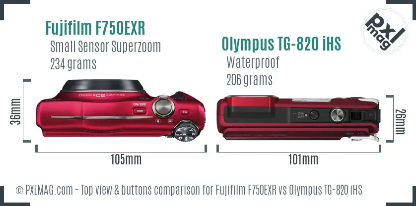 Fujifilm F750EXR vs Olympus TG-820 iHS top view buttons comparison