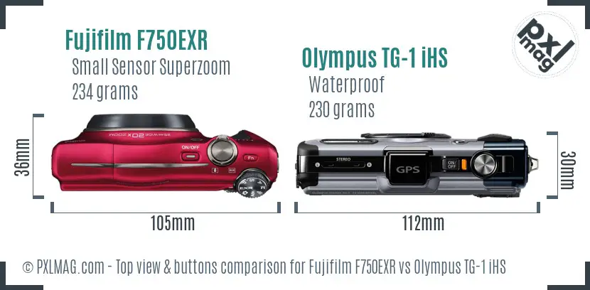 Fujifilm F750EXR vs Olympus TG-1 iHS top view buttons comparison