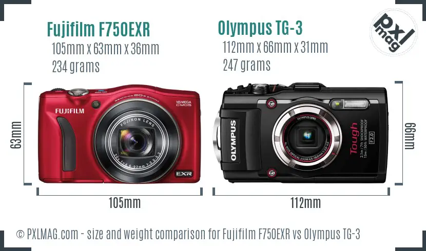 Fujifilm F750EXR vs Olympus TG-3 size comparison