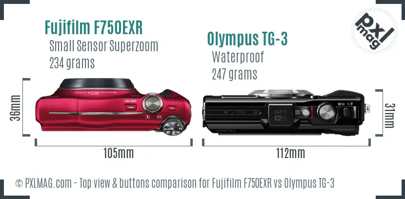 Fujifilm F750EXR vs Olympus TG-3 top view buttons comparison