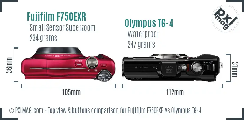 Fujifilm F750EXR vs Olympus TG-4 top view buttons comparison Fujifilm F750EXR vs Olympus TG-4 top view buttons comparison