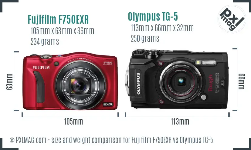 Fujifilm F750EXR vs Olympus TG-5 size comparison