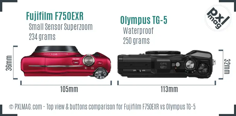 Fujifilm F750EXR vs Olympus TG-5 top view buttons comparison