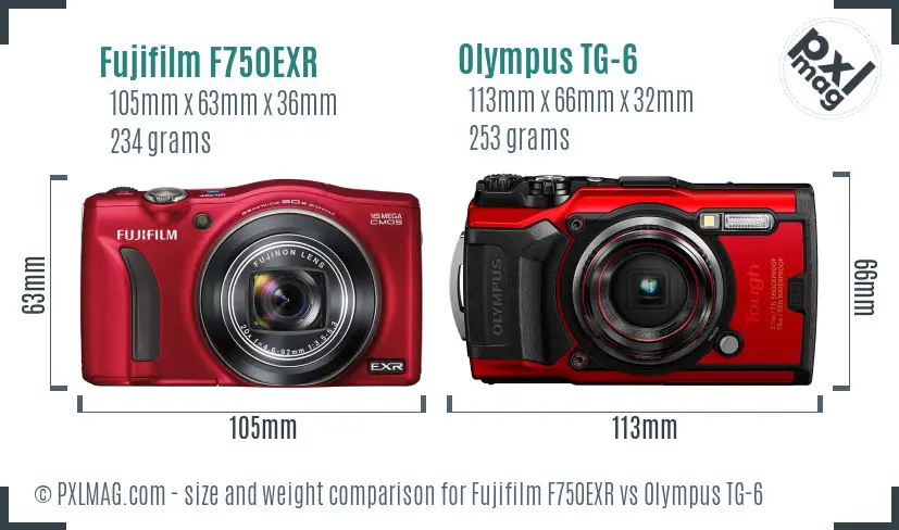 Fujifilm F750EXR vs Olympus TG-6 size comparison