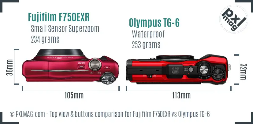 Fujifilm F750EXR vs Olympus TG-6 top view buttons comparison
