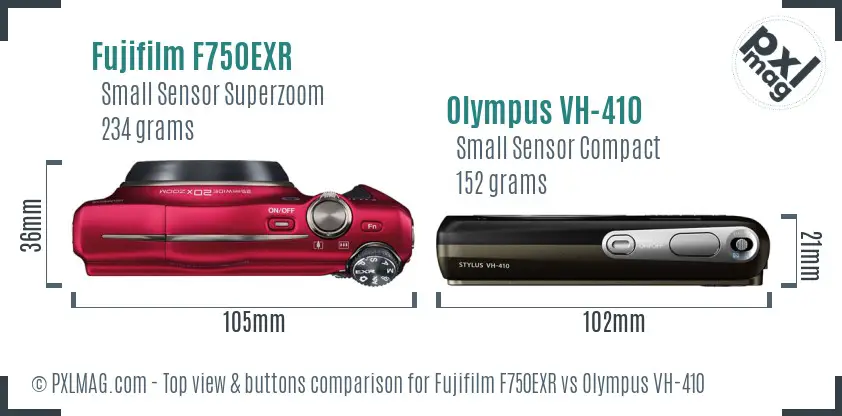 Fujifilm F750EXR vs Olympus VH-410 top view buttons comparison