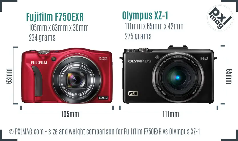 Fujifilm F750EXR vs Olympus XZ-1 size comparison