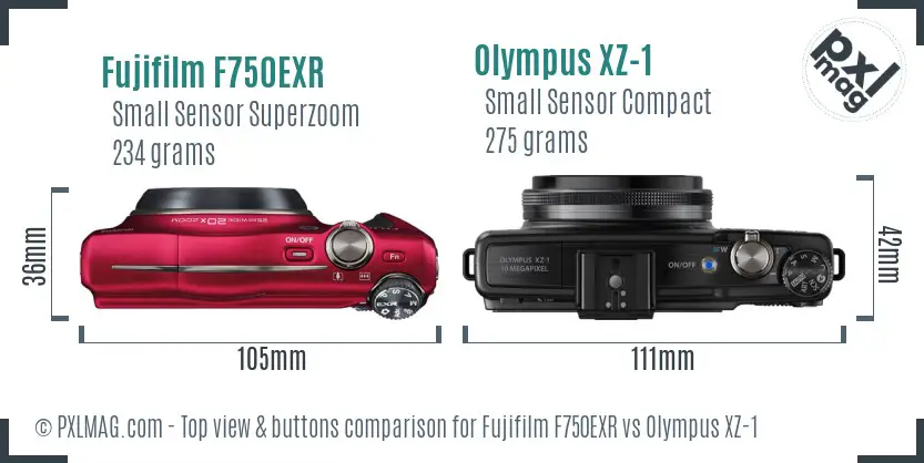 Fujifilm F750EXR vs Olympus XZ-1 top view buttons comparison