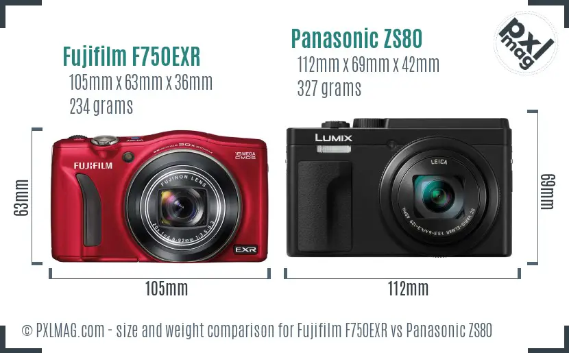 Fujifilm F750EXR vs Panasonic ZS80 size comparison