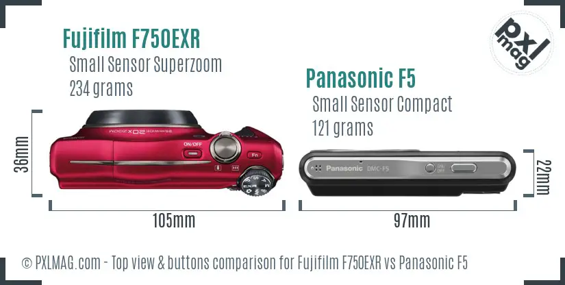 Fujifilm F750EXR vs Panasonic F5 top view buttons comparison Fujifilm F750EXR vs Panasonic F5 top view buttons comparison