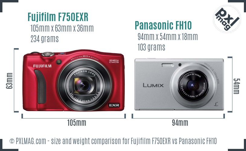 Fujifilm F750EXR vs Panasonic FH10 size comparison