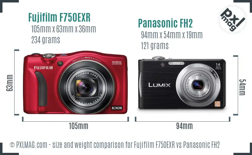Fujifilm F750EXR vs Panasonic FH2 size comparison